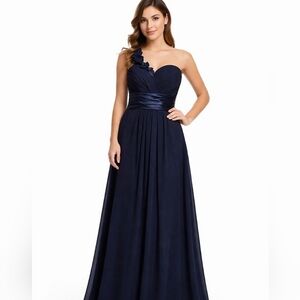 Bill Levkoff Navy Blue Gown Dress Size 8 One Shoulder Prom Bridal Party Gala